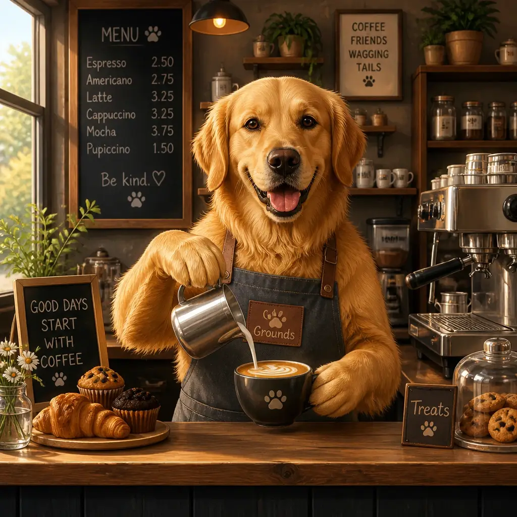 Anthropomorphic golden retriever barista making coffee in a cozy coffee shop