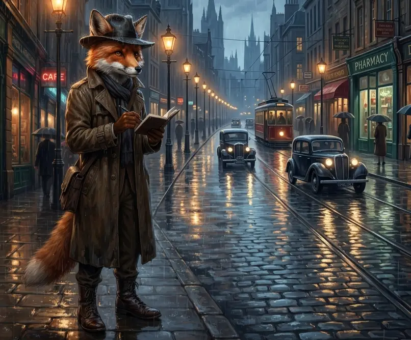 Anthropomorphic fox detective in a trench coat on a rainy city street, cinematic illustration
