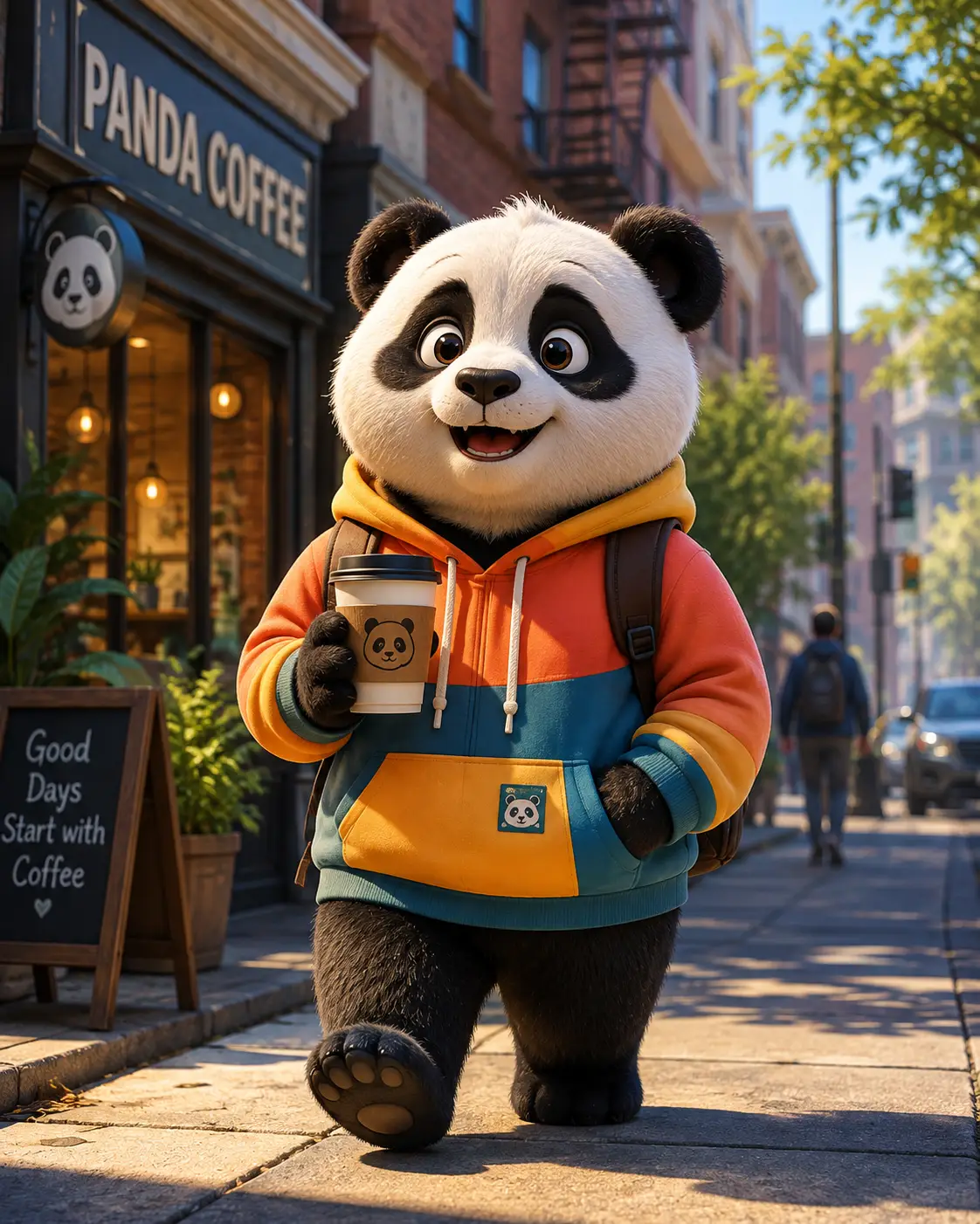 Cute anthropomorphic panda in a hoodie holding a coffee cup in the city