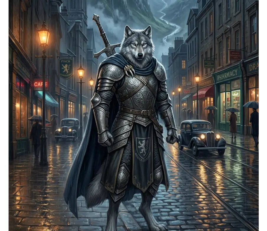 Anthropomorphic wolf warrior in medieval armor standing on a mountain fortress