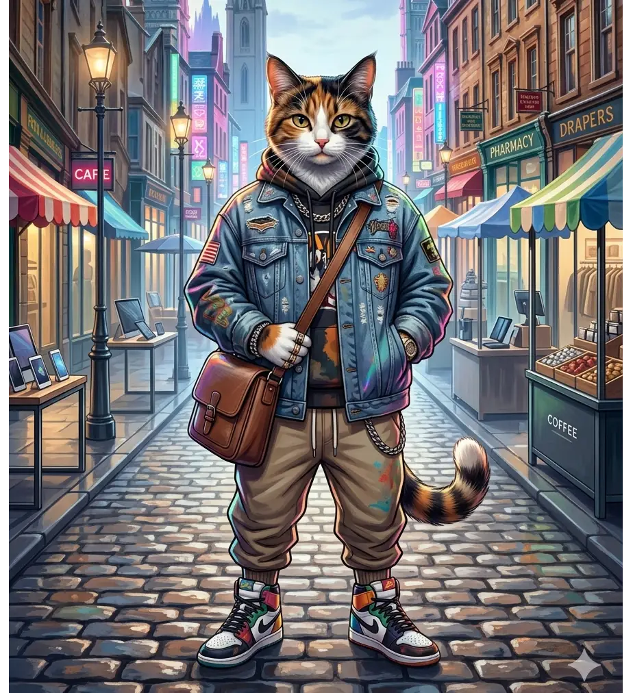 Fashionable anthropomorphic cat in streetwear standing in a neon-lit city