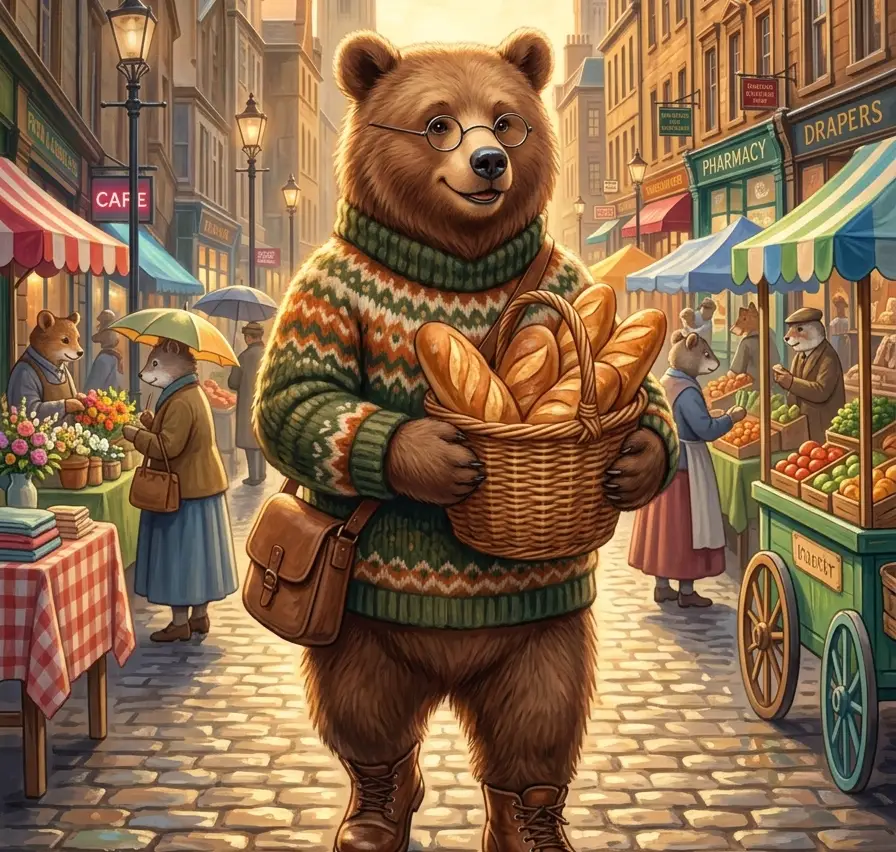 Friendly anthropomorphic bear in a knitted sweater carrying bread through a village market
