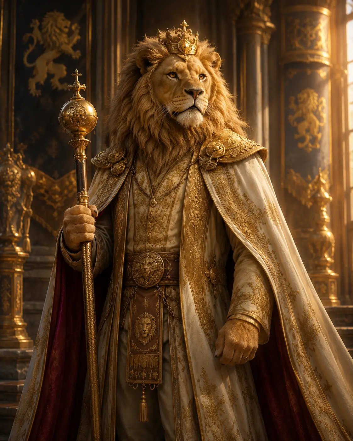 Anthropomorphic lion king in golden ceremonial robes inside a royal chamber