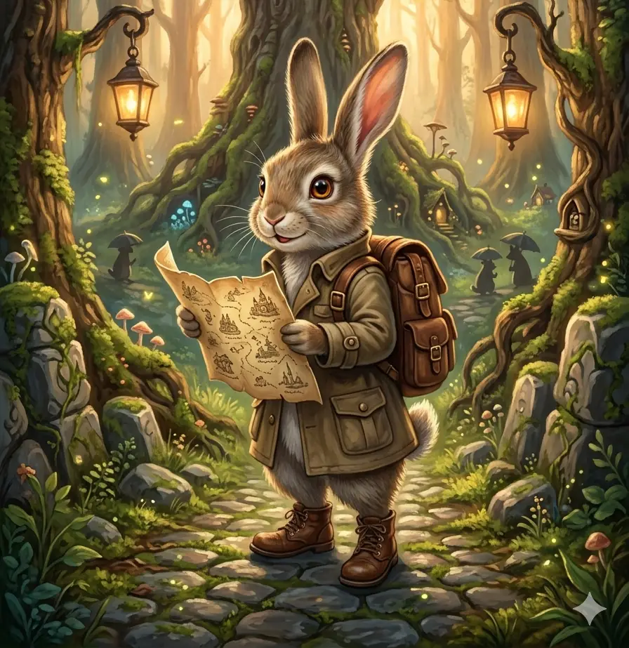 Anthropomorphic rabbit traveler holding a map on a forest trail at sunrise