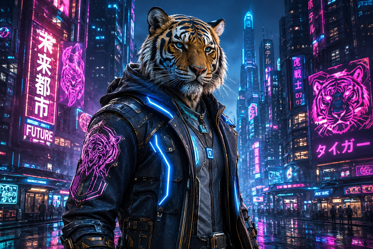 Anthropomorphic cyberpunk tiger in tech armor standing in a neon futuristic city